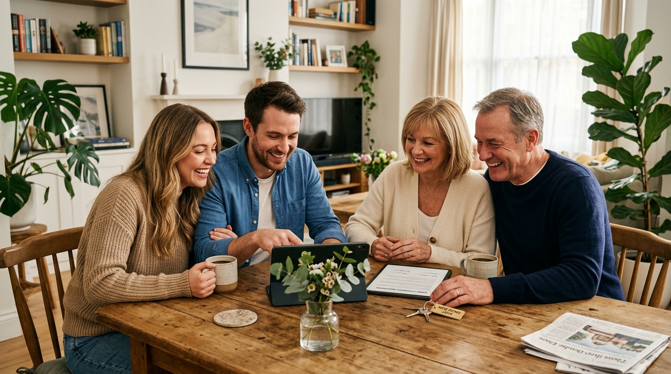 Parents and adult children sitting together around a dining table reviewing a family home agreement and house keys