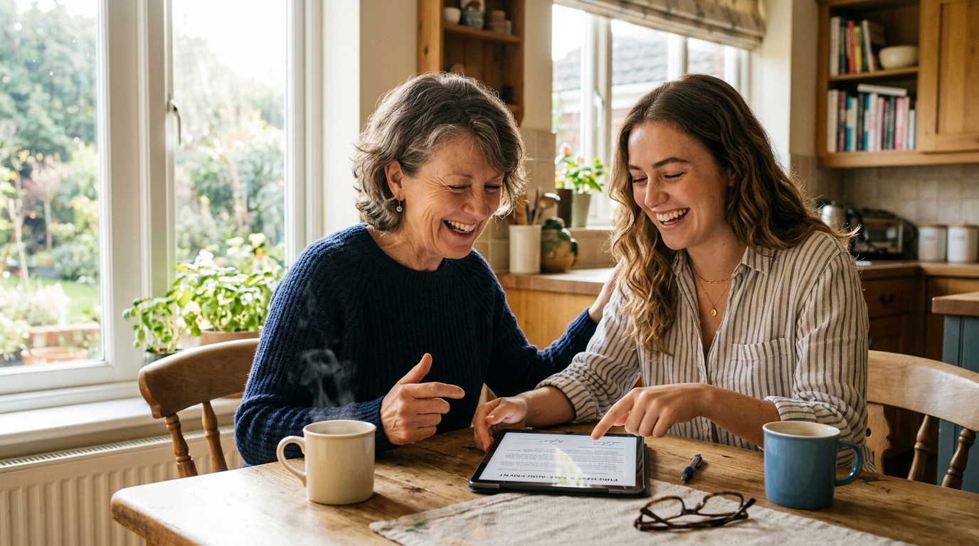 Mother and adult daughter reviewing a family money agreement together at the kitchen table
